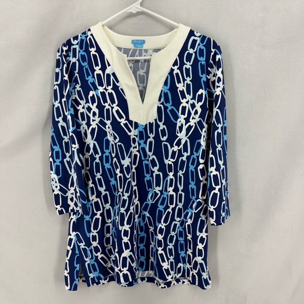 J. McLaughlin for Dillard’s Blue White Chain Print Tunic Top Size Small